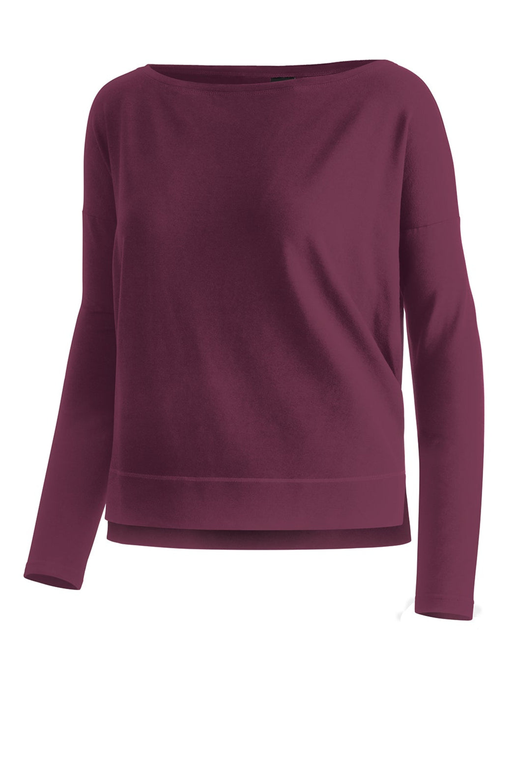 Damen-Viskose-Boxy-Langarmshirt mit Bootausschnitt in Farbe Sangria Dunkelrot