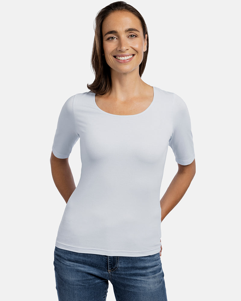 Frau Vorderansicht, Damen-Viskose-Shirt Beatriz, Rundhals, 1/2-Arm, Farbe White