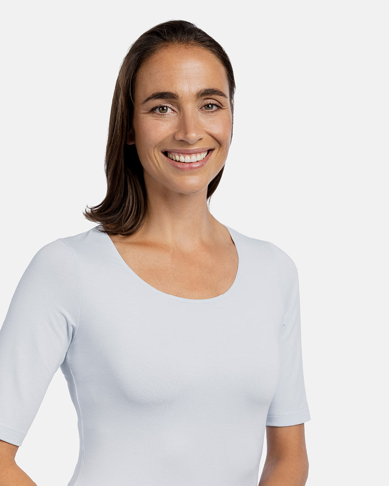 Detail Rundhals-Ausschnitt, Damen-Viskose-Shirt Beatriz, 1/2-Arm, Farbe White