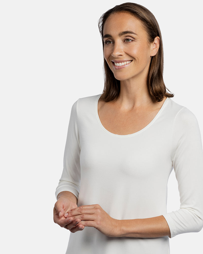 Detailansicht Rundhalsausschnitt, Damen-Tunika Emily, 3/4-Arm, Farbe White