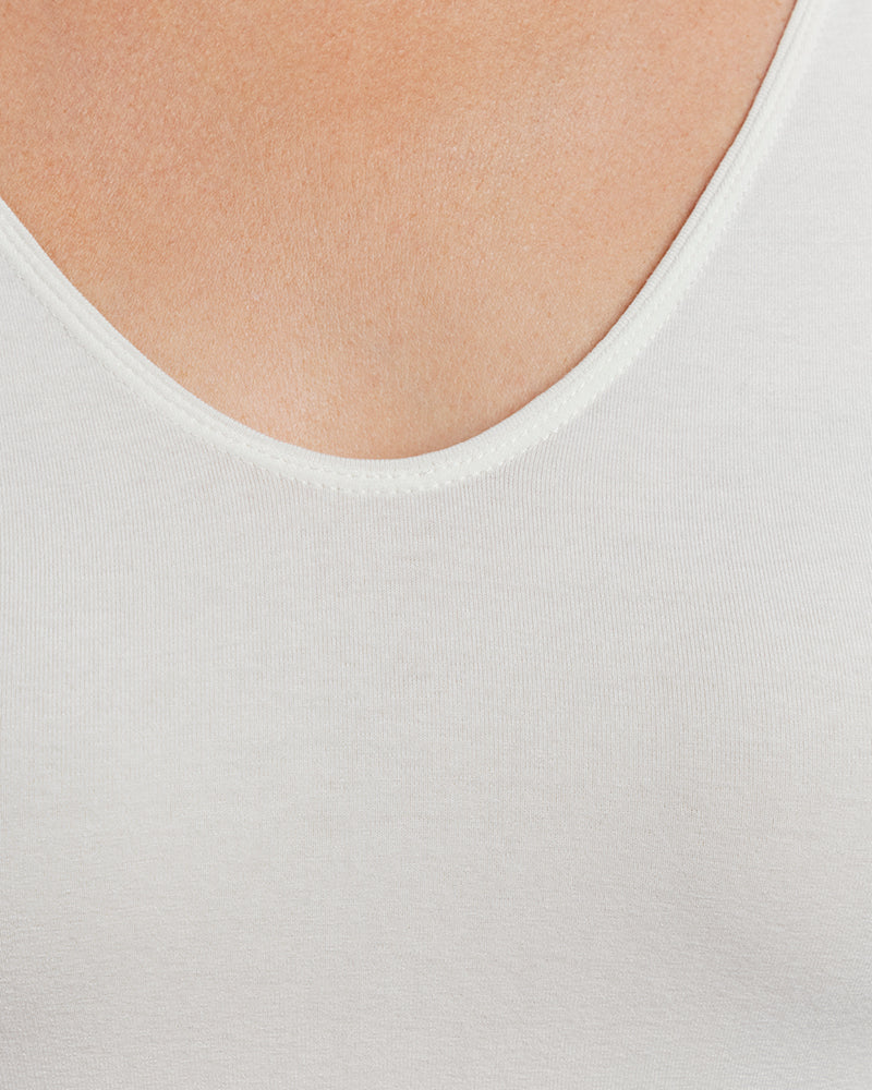 Detailansicht ausgerundeter, halbtiefer V-Halsausschnitt, Farbe White