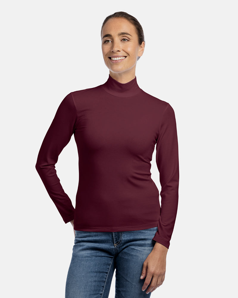 Damen-Viskose-Langarmshirt mit Stehkragen in Farbe Sangria Dunkelrot