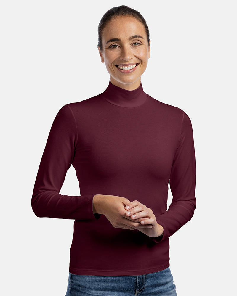 Damen-Viskose-Langarmshirt mit Stehkragen in Farbe Sangria Dunkelrot