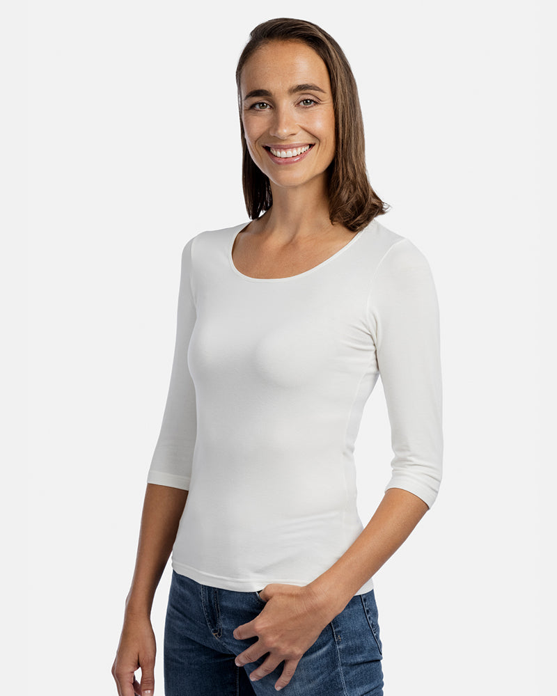 Frau Vorderansicht, Damen-Shirt Angela, 3/4-Arm, Rundhalsausschnitt, Farbe White