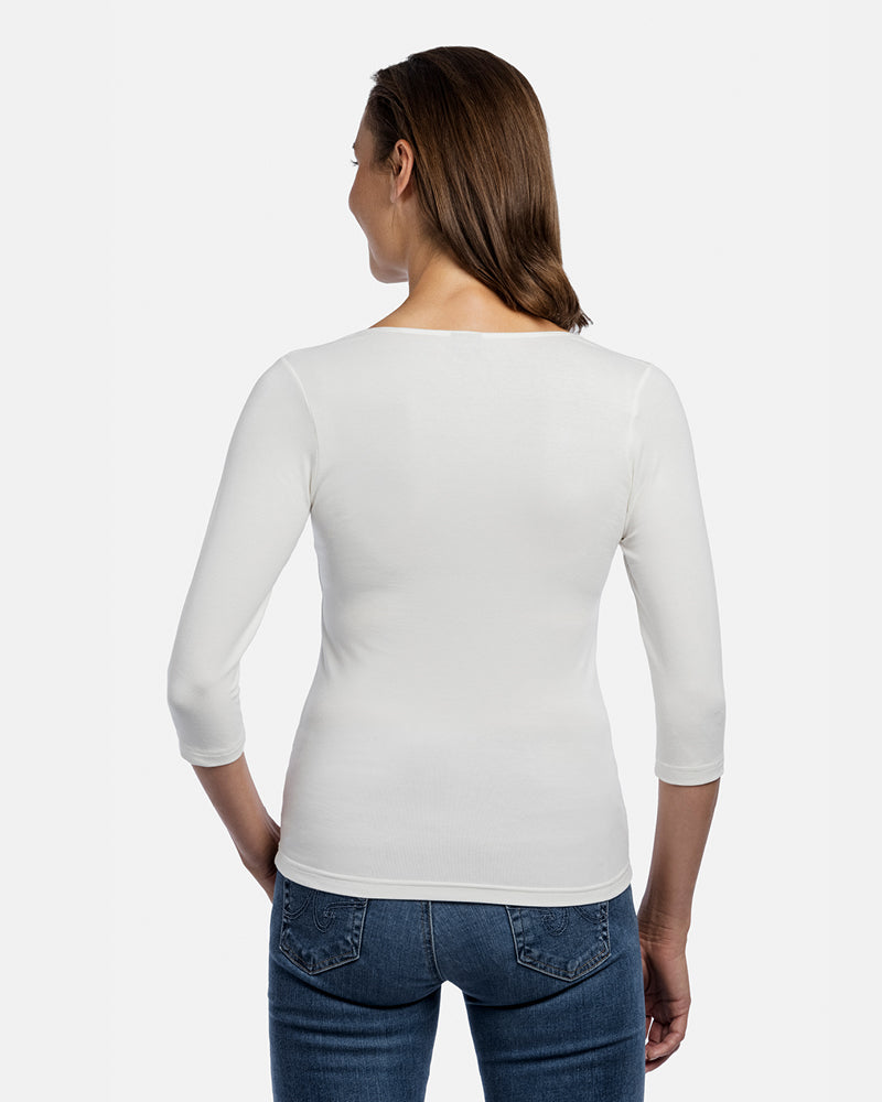 Frau Rückenansicht, Damen-Shirt Angela, 3/4-Arm, Rundhalsausschnitt, Farbe White