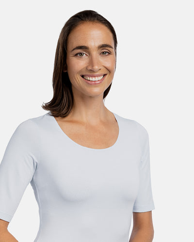 Detail Rundhals-Ausschnitt, Damen-Viskose-Shirt Beatriz,  1/2-Arm, Farbe White