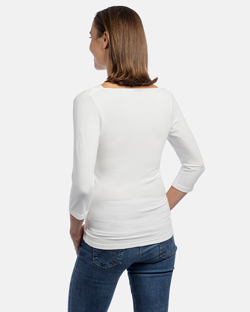 Frau Rückenansicht, Damen 3/4-Arm Shirt Diane, Wasserfallkragen, Farbe White