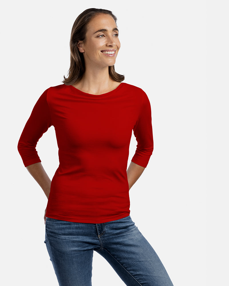 Frau Vorderansicht, Damen 3/4-Arm Shirt Diane, Wasserfallkragen, Farbe Red