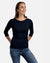 Frau Vorderansicht, Damen 3/4-Arm Shirt Diane, Wasserfallkragen, Farbe Marine