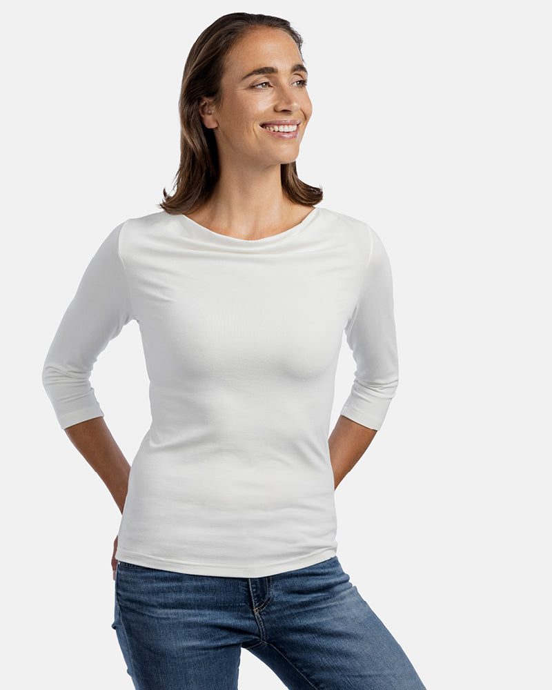 Frau Vorderansicht, Damen 3/4-Arm Shirt Diane, Wasserfallkragen, Farbe White