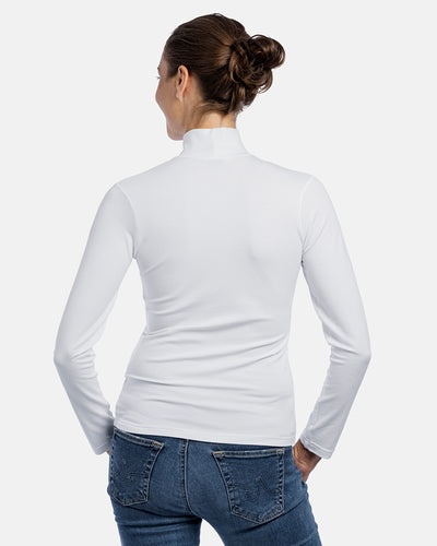 Frau Rückenansicht, Damen-Stehkragen-Shirt Elena, Langarm, Farbe White