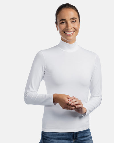 Frau Vorderansicht, Damen-Stehkragen-Shirt Elena, Langarm, Farbe White