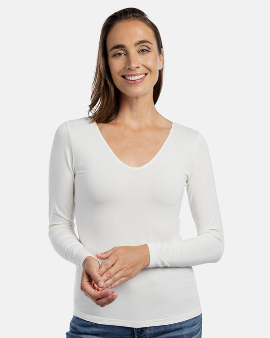 Frau Vorderansicht, Damen-Langarm-Shirt LEA, V-Ausschnitt, Farbe White