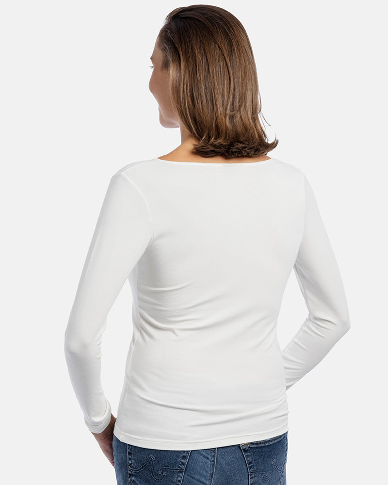 Frau Rückenansicht, Damen-Langarm-Shirt LEA, V-Ausschnitt, Farbe White
